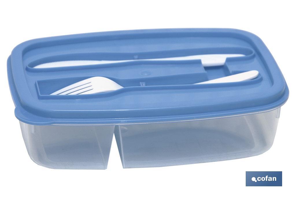 FIAMBRERA AZUL RECTANGULAR CON CUBIERTOS 1,5 L