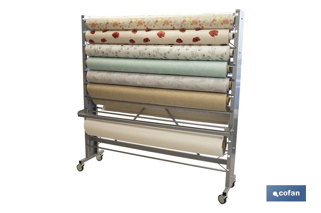 EXPOSITOR DE HULES Y MANTELES HORIZONTAL CON CORTADOR Y RUEDAS PARA 22 ROLLOS (PACK: 1 UDS) EXPOSITOR DE HULES Y MANTELES HORIZONTAL CON CORTADOR Y RUEDAS PARA 22 ROLLOS (PACK: 1 UDS)