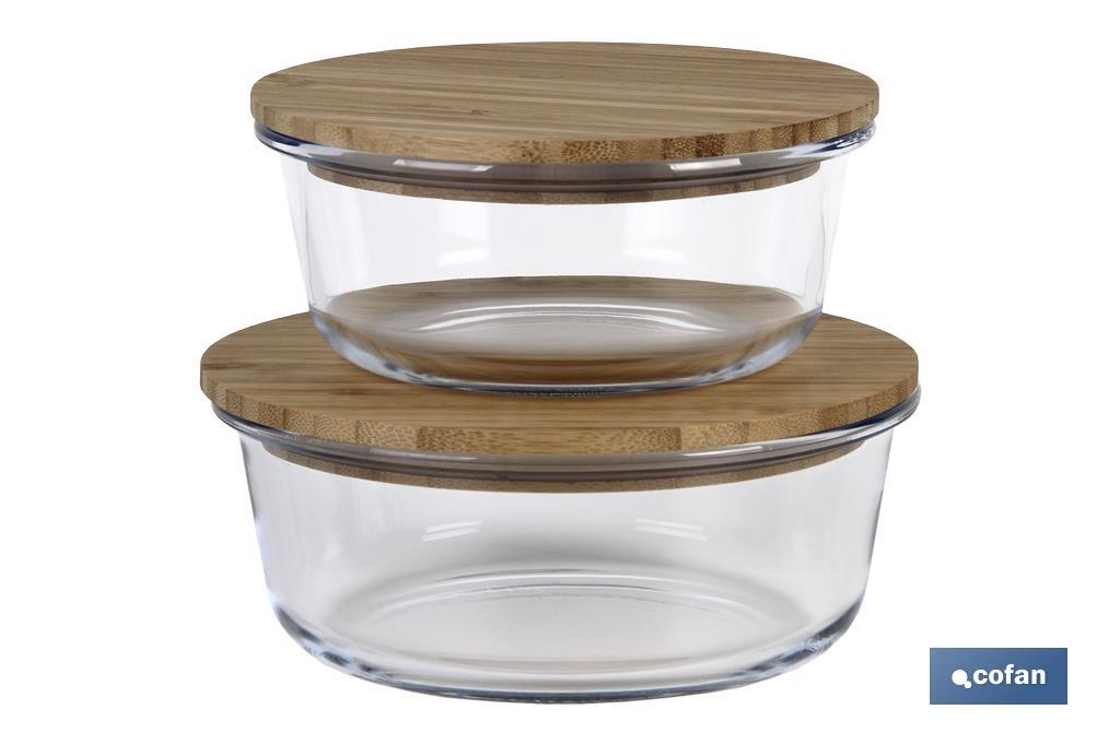 Set de 2 Fiambreras Redondas de Borosilicato | Modelo Bambú | Tapa de Bambú | Capacidad 620-950 ml